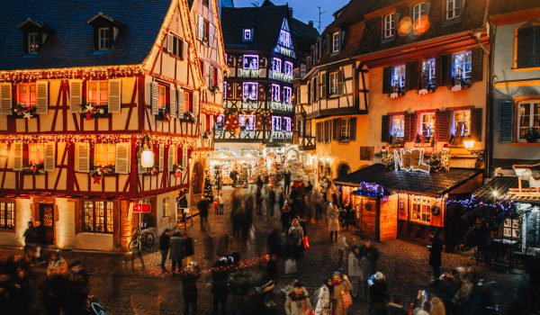 Old town illuminated and decorate like a fairy tale in Christmas festive season in Colmar, Alsace, France